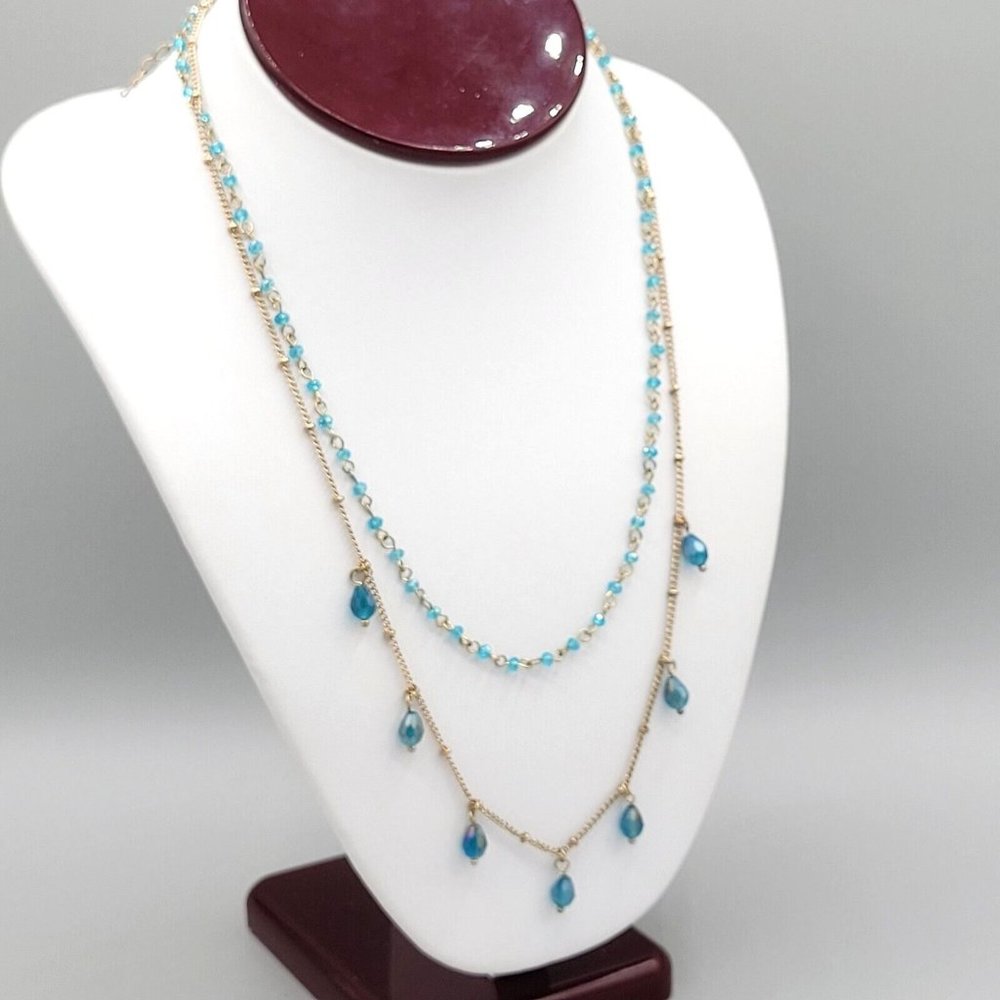 Womens Gold Tone Double Strand Layered Necklace Blue Charm Beads 17 in - Picture 2 of 8